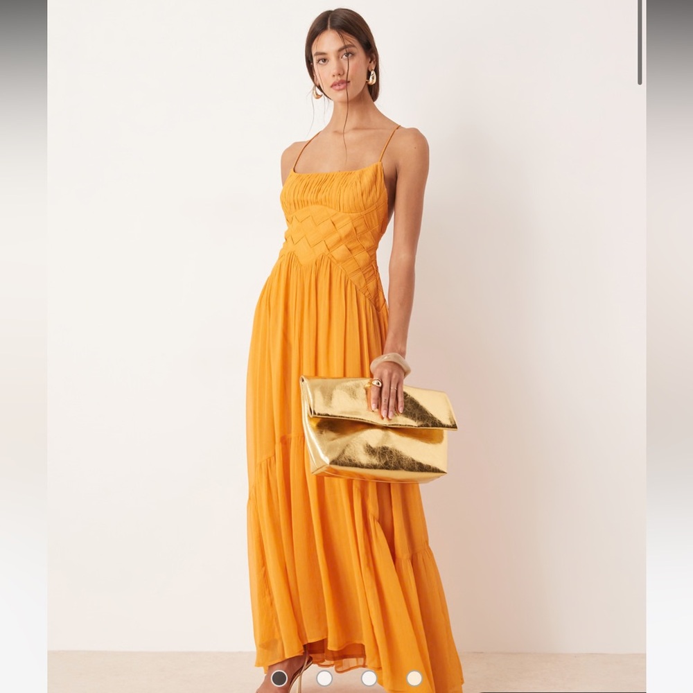 ASOS DESIGN ruched bust cami maxi dress with lattice waist detail in orange